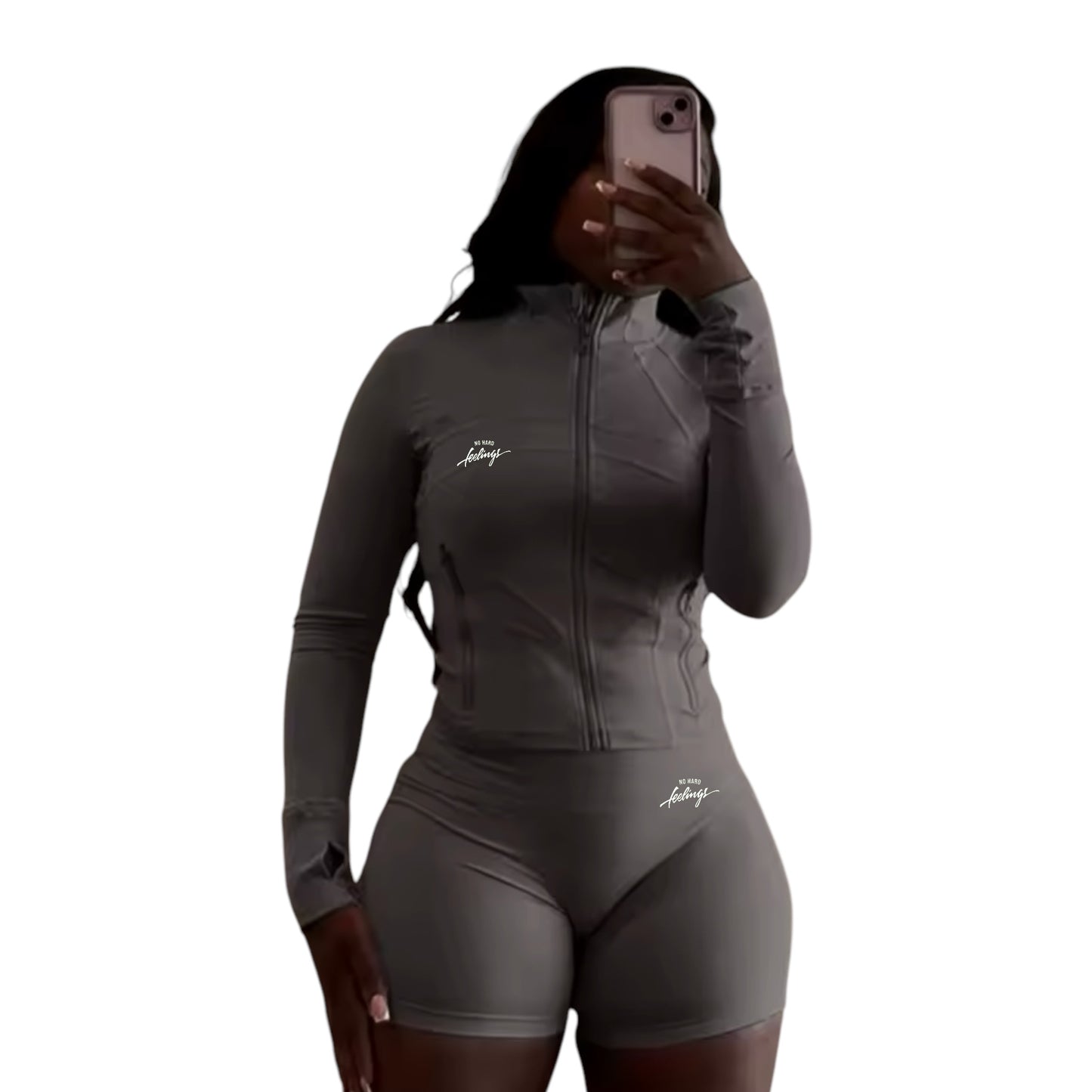 No Hard Feelings Yoga Set Long Sleeve Zipper High Waist 2 pc